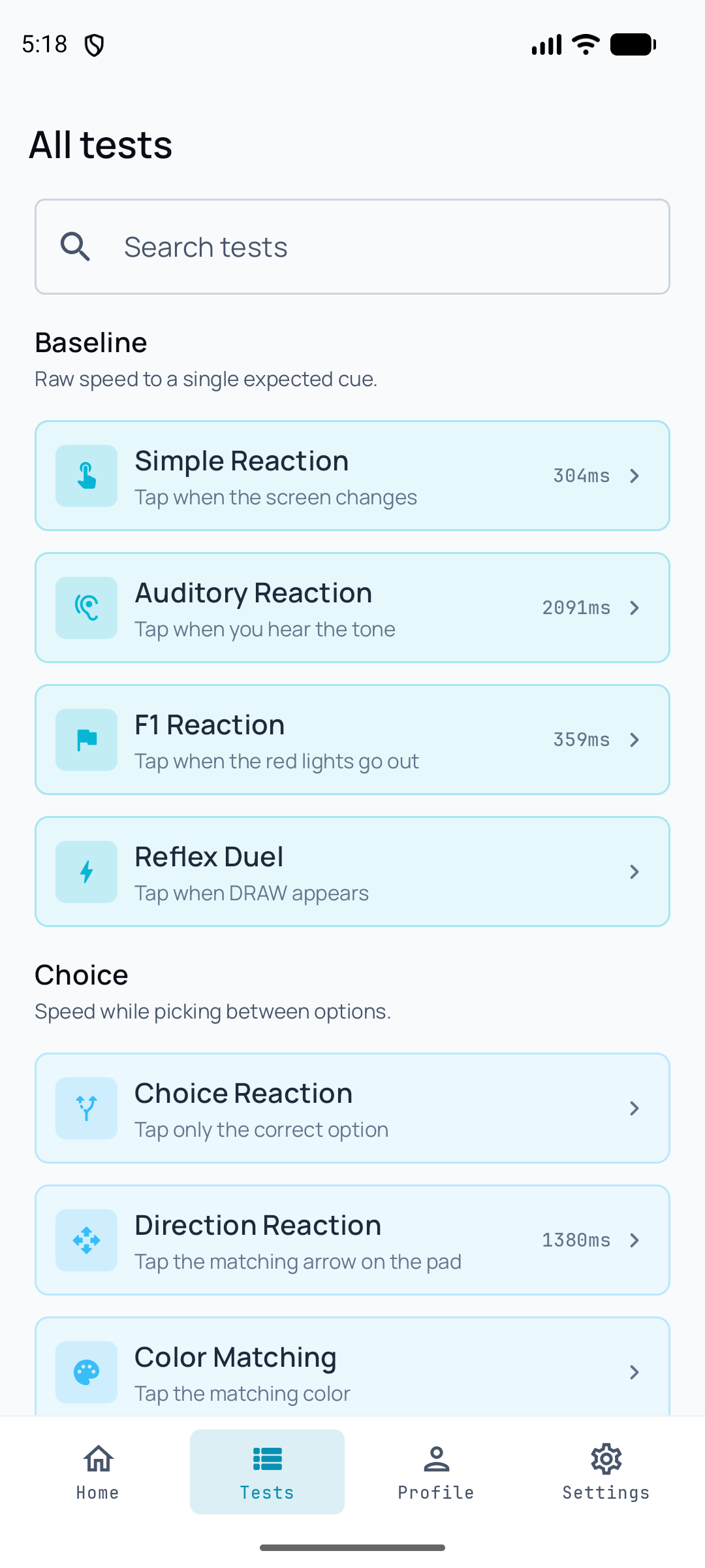 List of fifteen reaction tests in the Android app