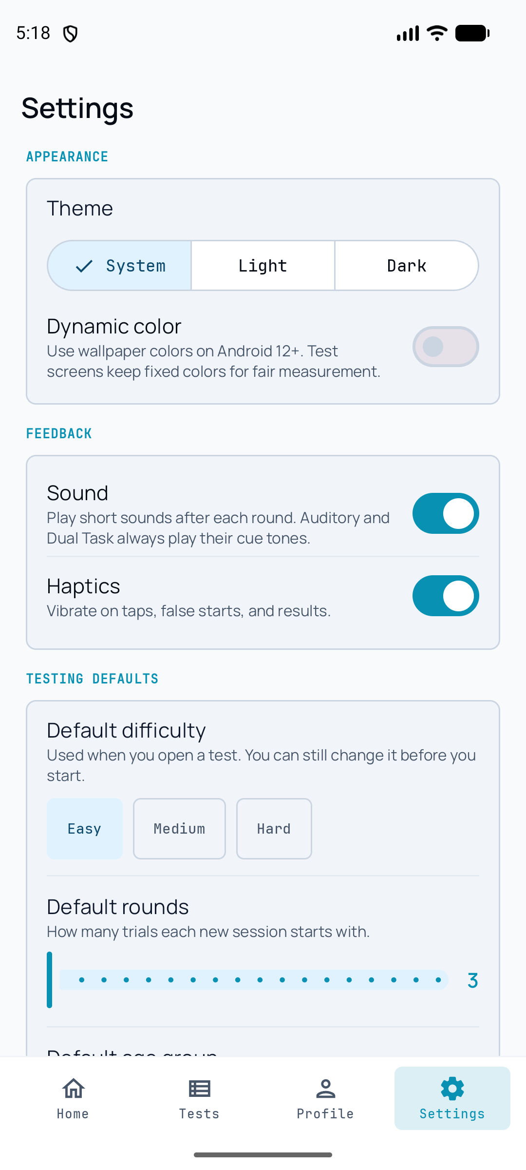 Settings for themes and privacy controls