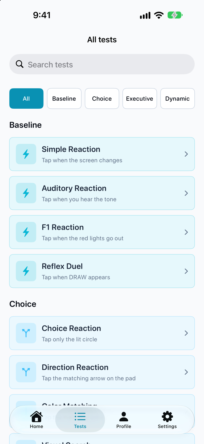 All fifteen reaction tests on iPhone